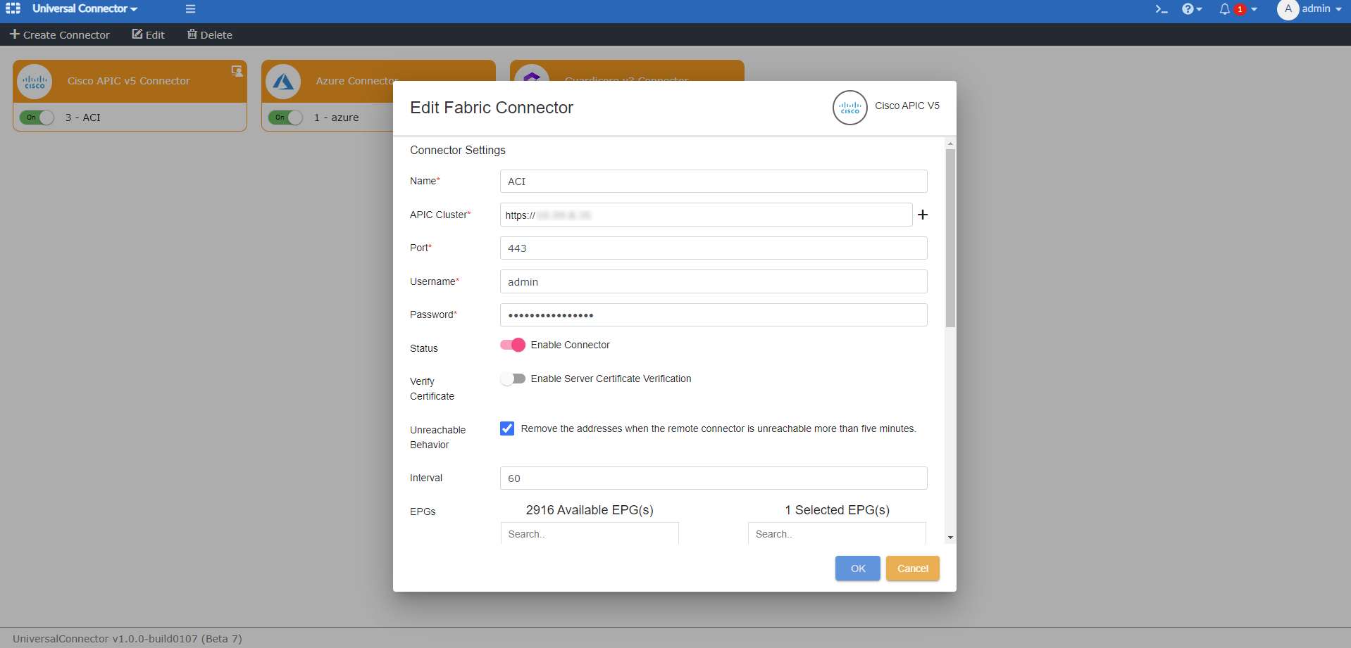 Cisco ACI Connector (Universal Connector) supports Endpoint Security